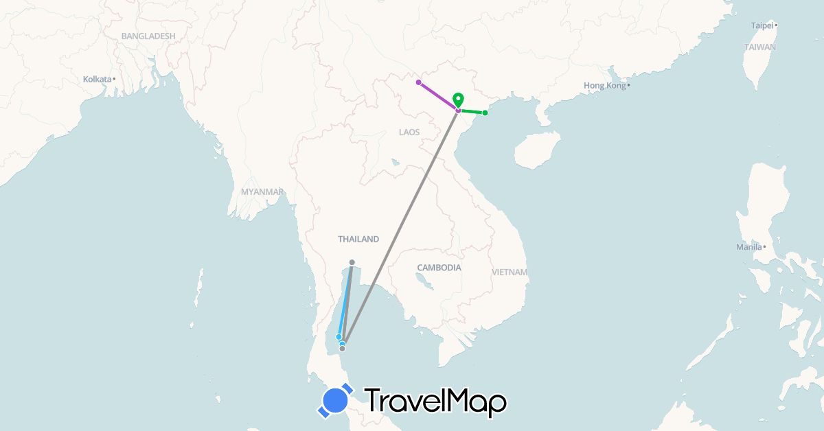 TravelMap itinerary: bus, plane, train, boat in Thailand, Vietnam (Asia)